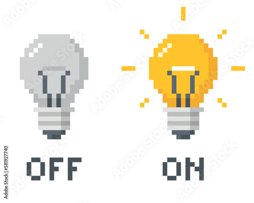 Pixel art 8-bit light bulbs set switch on, switch off icons.
Design elements for logo farm, sticker, children mobile application. Game assets.