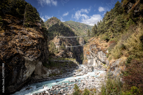 HIllary bridge: legendary suspension bridge connecting two sides of the valley on the way from Phakding to Namche bazar