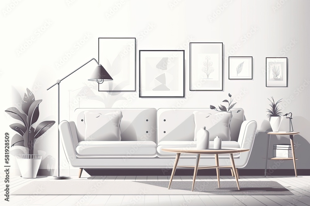 White room with sofa. Scandinavian interior design. illustration. Generative AI