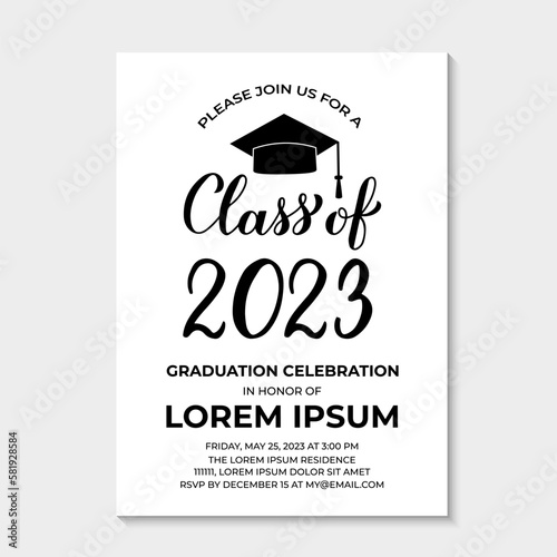 Graduation party invitation card template. Black and white grad party invite. Graduation celebration announcement. Class of 2023 vector illustration