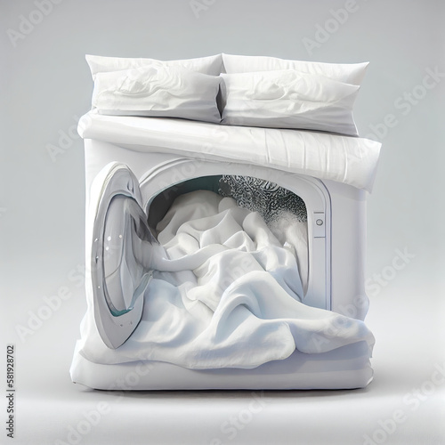 an open washing machine with white sheets and pillows on the bed, 3d render illustration stock foto de archo photo