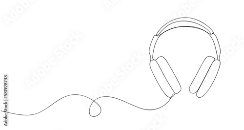 Hand drawing one line headphone speaker. Outline contour sketch of earphone gadget with space for text, continuous line headset drawing. Vector illustration