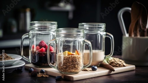 Organic food drink in glass jar mugs with. Healthy life and cooking. Generative AI.