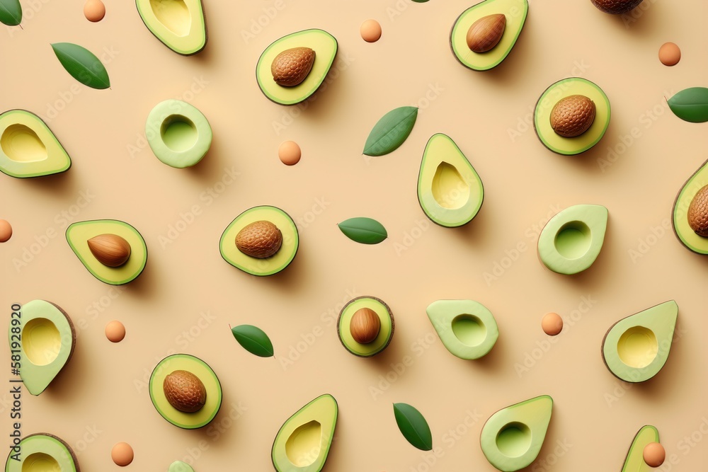 Avocado pattern on pastel background. Top view. Banner. creative summer food concept. AI generation