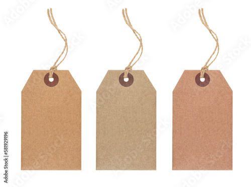 Set of three hanging blank craft paper tags isolated on transparent background