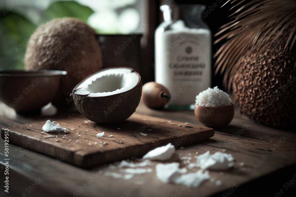 Creative banner with coconut. A tropical concept. AI generation. Creative banner with coconut. A tropical concept. AI generation.