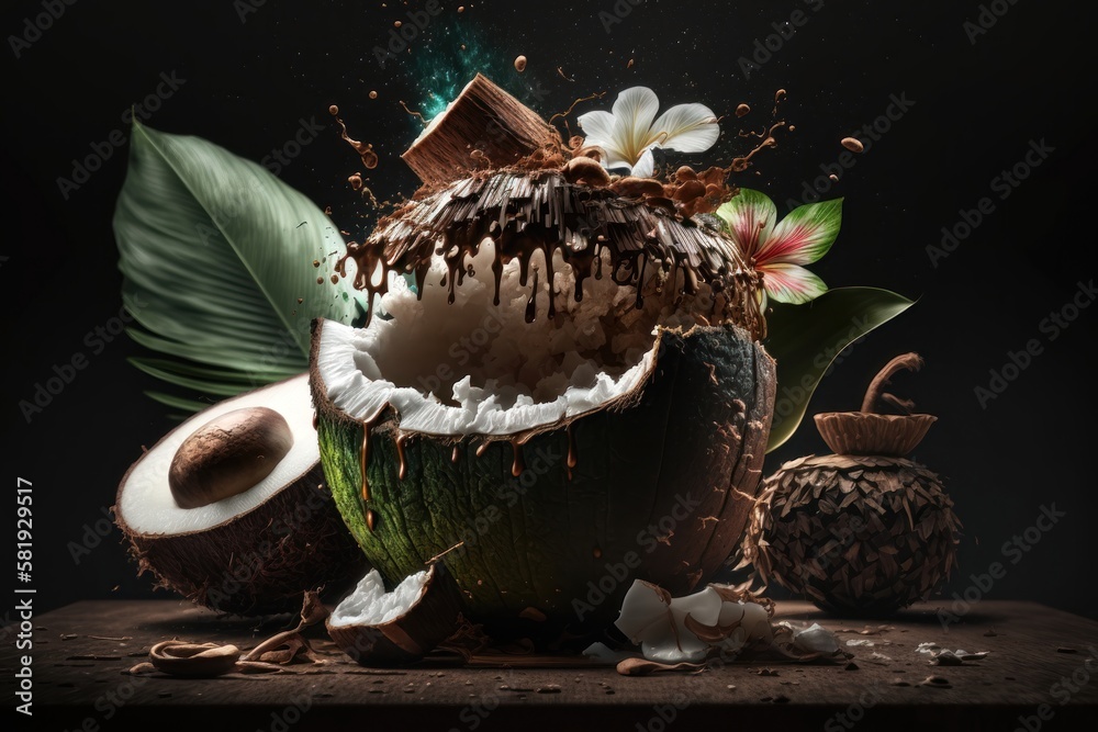Creative banner with coconut. A tropical concept. AI generation. Creative banner with coconut. A tropical concept. AI generation.