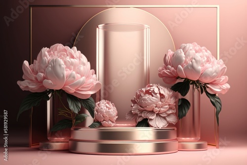 Contemporary pink podium stage with glass and big peonies. AI Generation