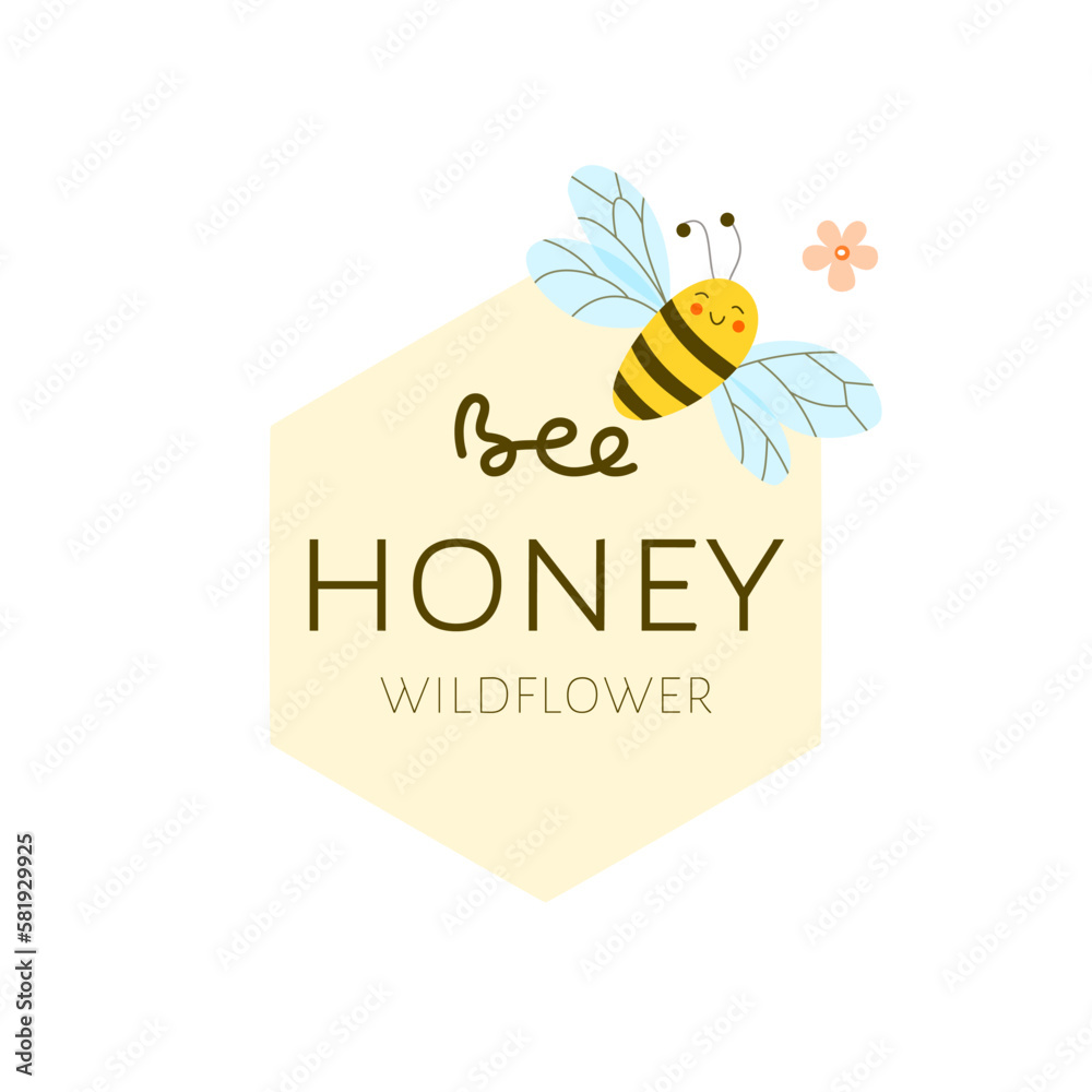 Vecteur Stock Cute bee flaps its wings in front of honeycomb. Printable ...