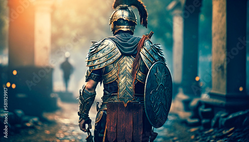 Fotografie, Obraz Roman legionnaire stands with his back gladiator, generative AI