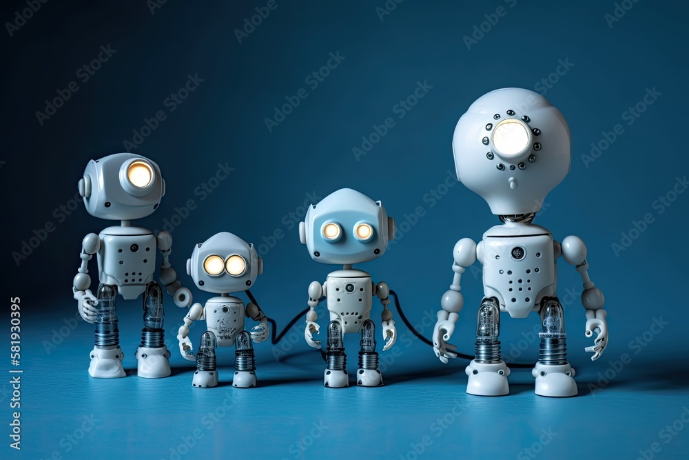 Kindly robots family. Mom robot electrical wire hairstyle, plug arm. Small kid cyborg with lamp bulb toy. Copy space, blue wall, white floor background. Copy space. Generative AI Kindly robots family. Mom robot electrical wire hairstyle, plug arm. Small kid cyborg with lamp bulb toy. Copy space, blue wall, white floor background. Copy space. Generative AI