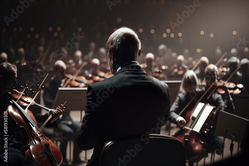 Orchestra conductor, from behind, during a classical concert. Ai generated.