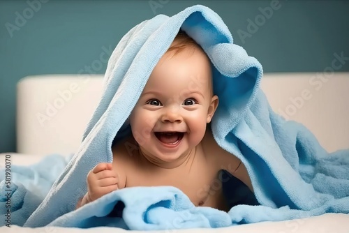 Happy baby laughs after his bath. AI generated.
