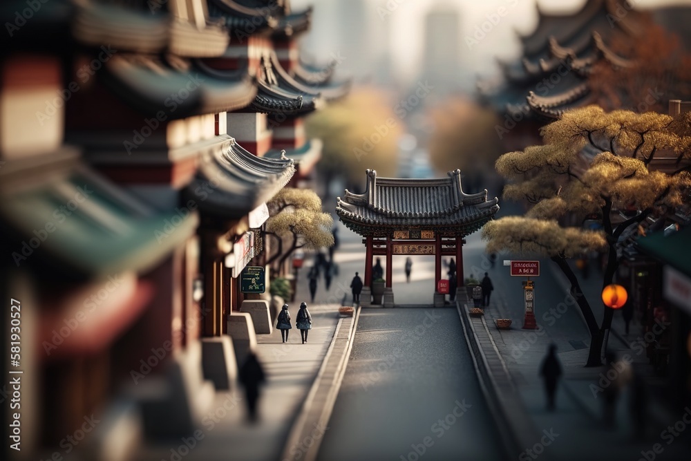 A typical street in an Asian city, in tiltshift style, with narrow focus and mock-up appearance. Ai generated.