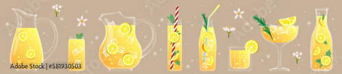 Glasses and jugs for lemonade, summer cocktail. Refreshing yellow citrus juice or alcohol drink with straw, ice and mint leaves, rosemary, half and quarter lemon, modern texture. Vector cartoon set