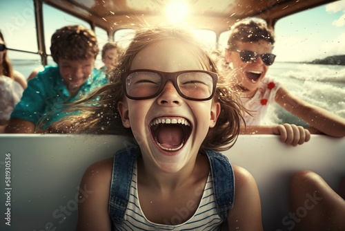 A girl squeals with joy during a car ride on vacation. Ai generated. © Joaquin Corbalan