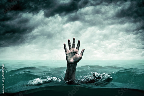 A desperate hand in the water looking for help to keep going. Ai generated. photo