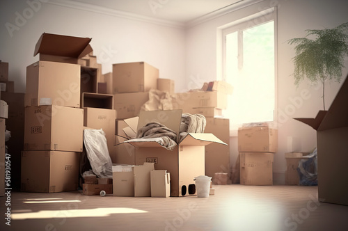 A cardboard boxes in a domestic room, full of new beginnings as home ownership is achieved through moving house. Ai generated © Joaquin Corbalan