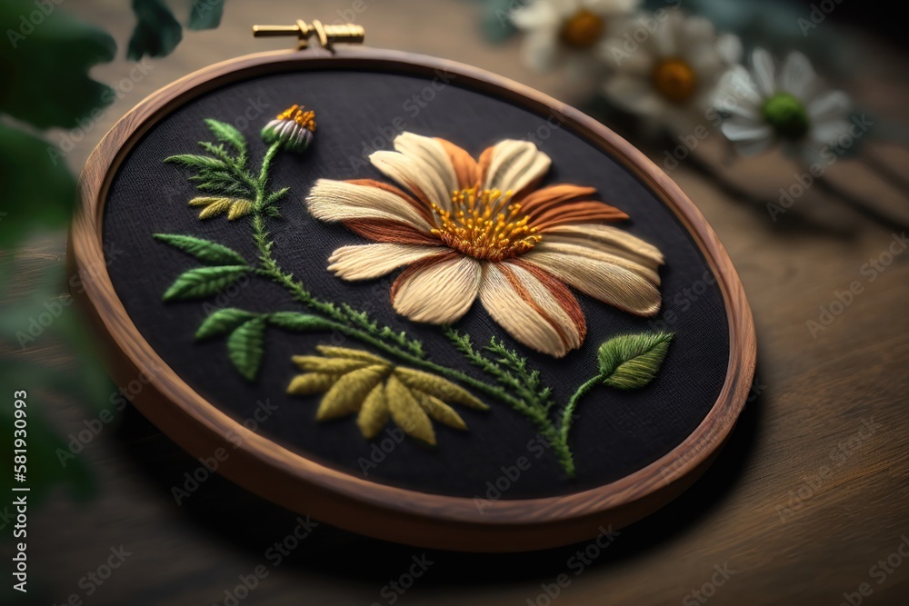 Embroidery Flower in a Wooden Hoop. AI generation Embroidery Flower in a Wooden Hoop. AI generation