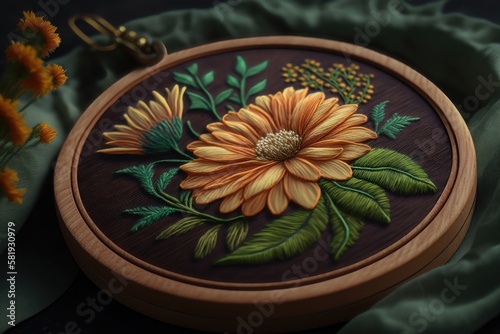 Embroidery Flower in a Wooden Hoop. AI generation