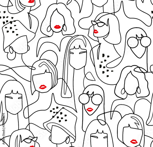 Seamless pattrn with women faces. One line drawing abstract face seamless pattern. Modern minimalism art, aesthetic contour. photo