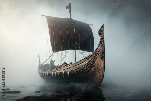 Vikings boat in a fog. AI generation photo