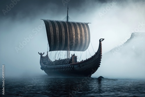 Vikings boat in a fog. AI generation