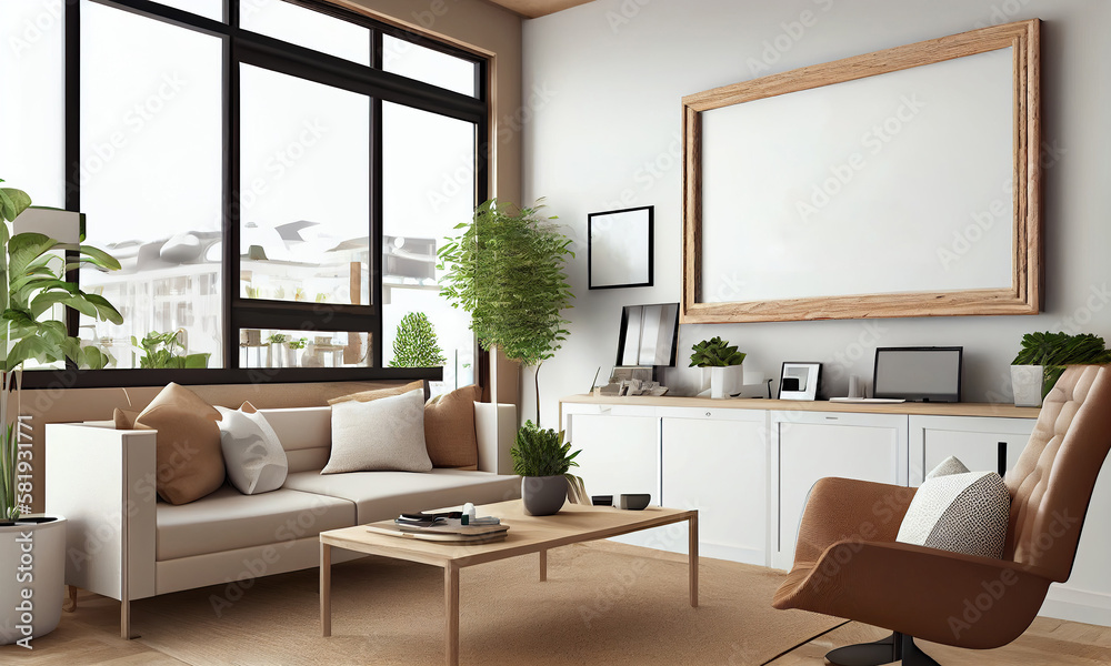 Fototapeta premium Frame mockup empty on wall in living room with sofa and houseplants. Generative AI