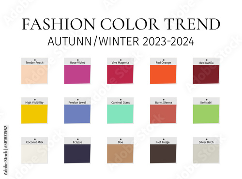 Fashion Color Trend Autumn - Winter 2023 - 2024. Trendy colors palette guide. Fabric swatches with color names. Vector template for your creative designs