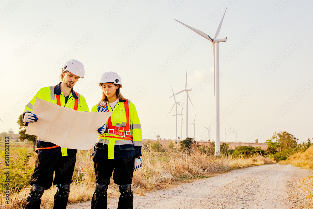 Geographic men and women explorers holding compass find the topography wind farms explore develop industrial and agricultural areas map out the backcountry and gather information make travel signs.