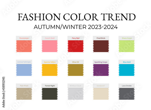 Fashion Color Trend Autumn - Winter 2023 - 2024. Trendy colors palette guide. Fabric swatches with color names. Vector template for your creative designs