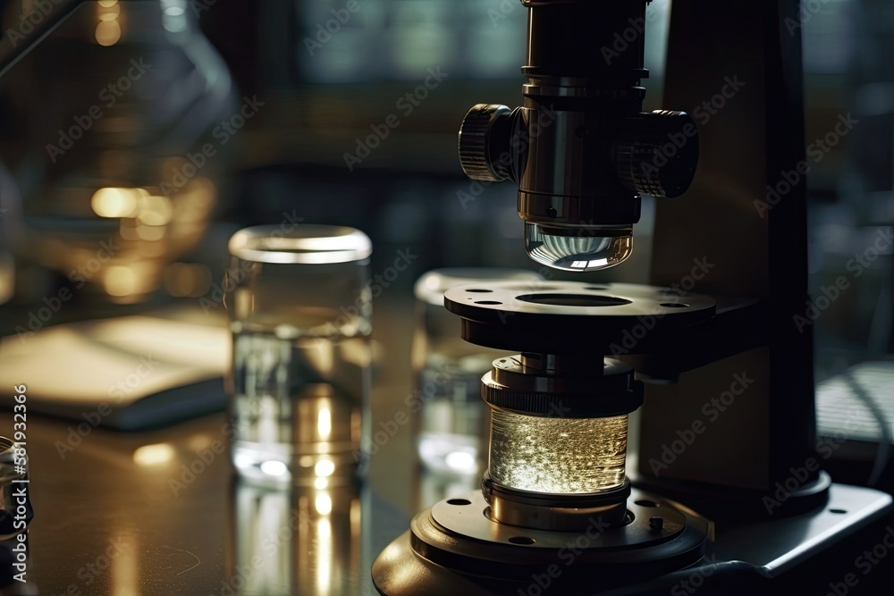In a research facility, a test glass flask containing a solution and a microscope. background in science and medicine. Concentrate on the front. Generative AI In a research facility, a test glass flask containing a solution and a microscope. background in science and medicine. Concentrate on the front. Generative AI
