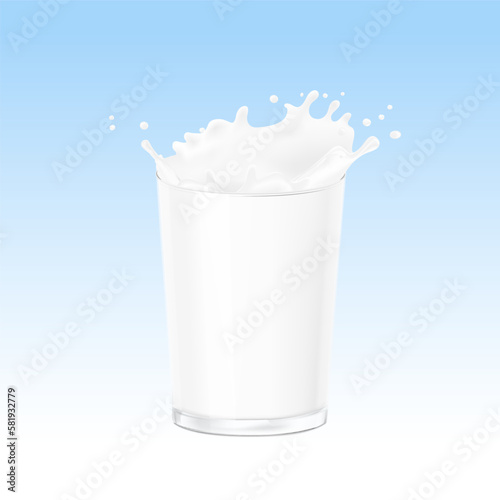 High realistic transparent glass of milk with crown splashe. Vector illustration. Easy to use for design. EPS10.
