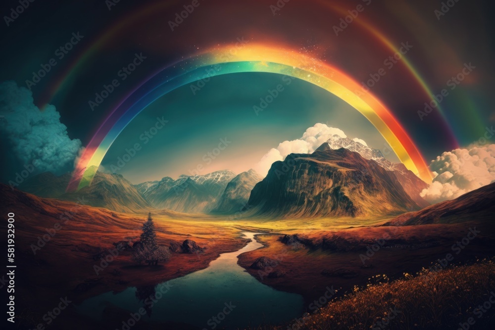 Rainbow arcing over a landscape, the vibrant colors of the spectrum captured. AI generated, human enhanced