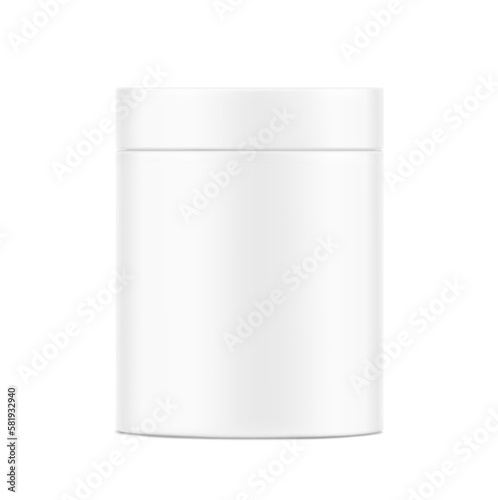 Round package container mockup. Vector illustration isolated on white background. Can be use for your design, advertising, promo and etc. Front view. EPS10.