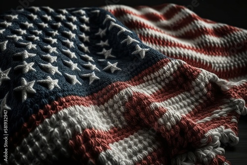 Knitted American flag. USA flag closeup. AI generated