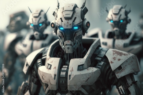 Army of metal cyborg robots, selective focus. AI generated, human enhanced. © top images