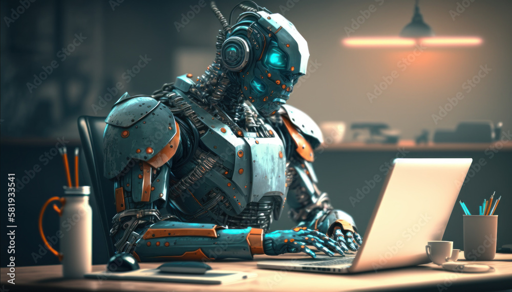 AI chatbot robot assistant sitting at desk using computer as artificial intelligence. Business concept. AI generated AI chatbot robot assistant sitting at desk using computer as artificial intelligence. Business concept. AI generated