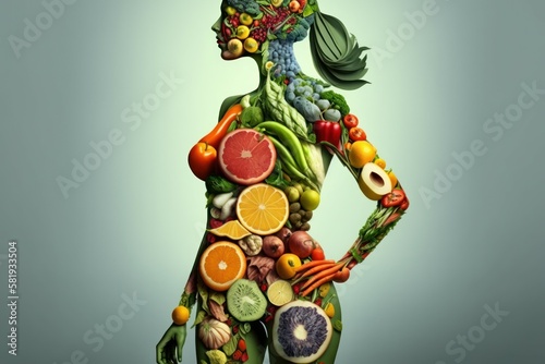 Fruit woman silhouette. Fresh fruits are laid out in the shape of a person. AI generated  human enhanced.