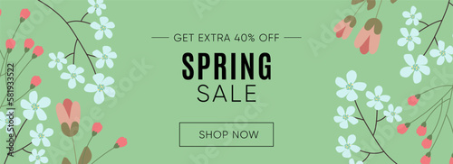 Spring Sale Header or Banner Design with Get Extra 40 Off with flowers on green Background.