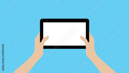 Tablet white display screen , Hands Holding tablet, flat illustration