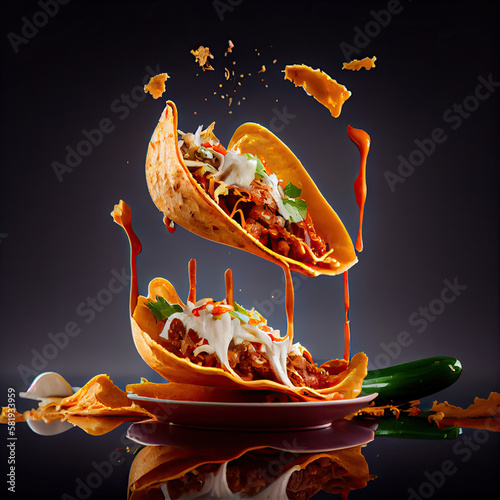 some tacos flying in the air over a plate with chips and ketches on it's sides photo