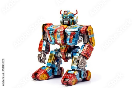 Plastic colored robot transformer toy for boys isolated on white background. Generative AI
