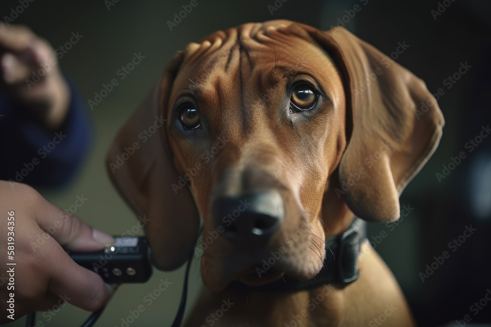 In a vet clinic, a veterinarian uses a scanner gadget to inspect the microchip implanted under the skin of a young Rhodesian ridgeback dog. up close. Generative AI