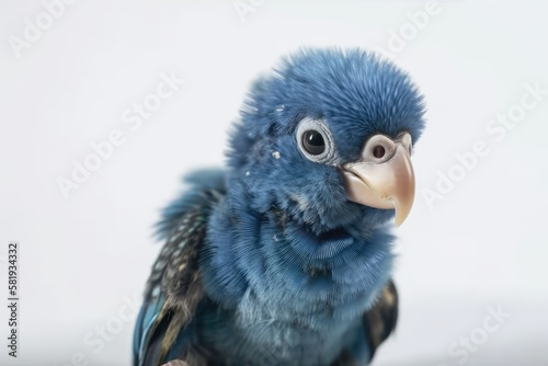 Forpus blue color isolated on white background baby little bird parrot parakeet 1 month age. Generative AI