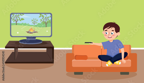Vector illustration of a handsome guy watching TV. A cartoon scene of a smiling guy sitting on a sofa with a remote control in his hand and watching a movie on TV.