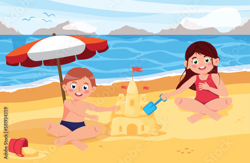 Vector illustration of a cute boy and girl on the beach. A cartoon seascape scene with a smiling boy and girl sitting under a beach umbrella and making a sandcastle with a beach scoop and shovel.
