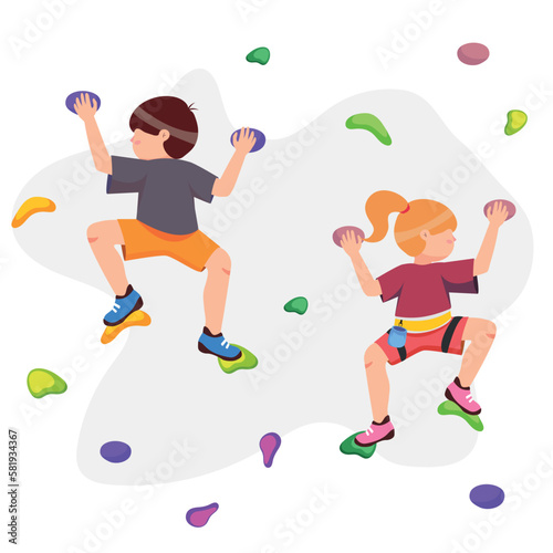 Vector illustration of cute boy and girl rock climbers. Cartoon scene of boy and girl climbing up a climbing wall, holding on to hooks isolated on white background. Training on a climbing wall.