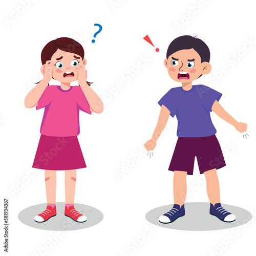 Vector illustration of child bullying. Cartoon scene of an angry boy yelling at a girl isolated on a white background. Question mark and exclamation mark.