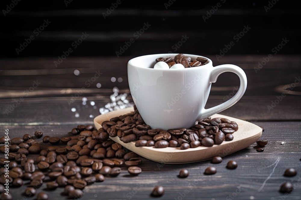 Obraz premium White mug with a le in the shape of a heart and coffee beans. Generative AI